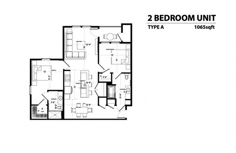 Floor plan for 2 beds, 2 baths, 1065 sqft